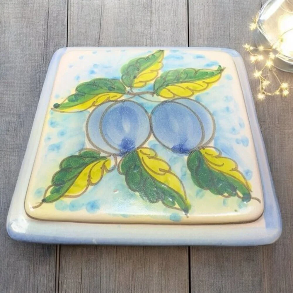 FRATANTONI Vietri Italy Hand Painted Art Pottery Tile Plum Fruit‎ Wall TRIVET